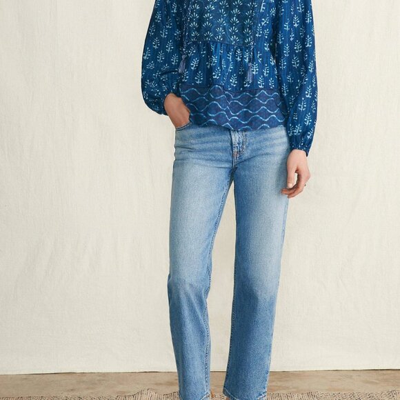 NWT Faherty Solstice Tie neck relaxed boho peasant top in sunburst mix print - Picture 4 of 11